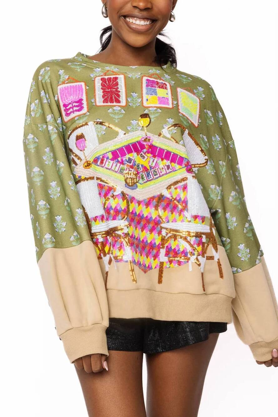 NEW QUEEN OF SPARKLES mahjong table & chairs sweatshirt in green multi